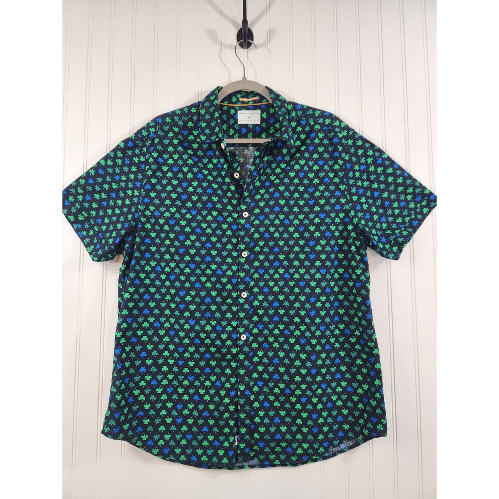 Denim & Flower Mens Green Blue XL Shamrock Clover Print Button Down Shirt Irish